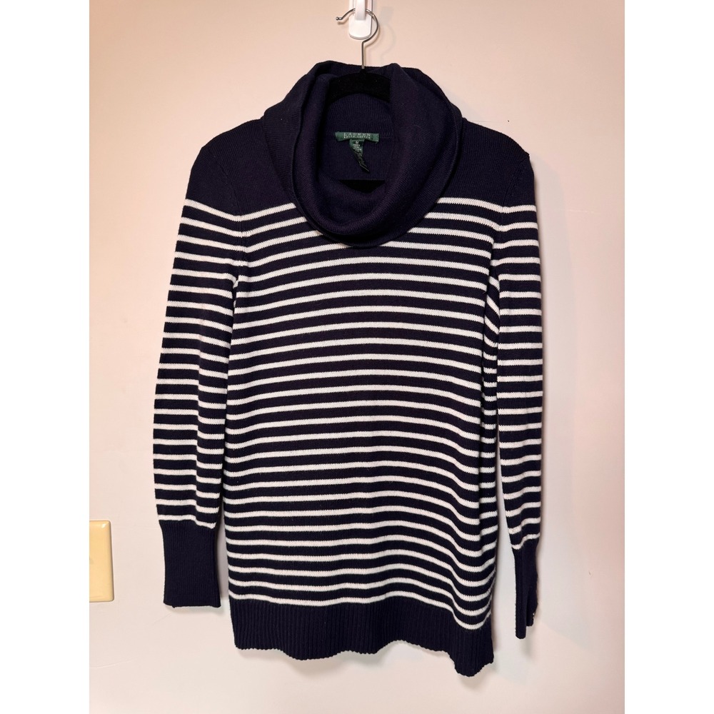 Lauren Ralph Lauren Navy White Striped Cowl Neck Wool Blend Sweater Wmns Medium